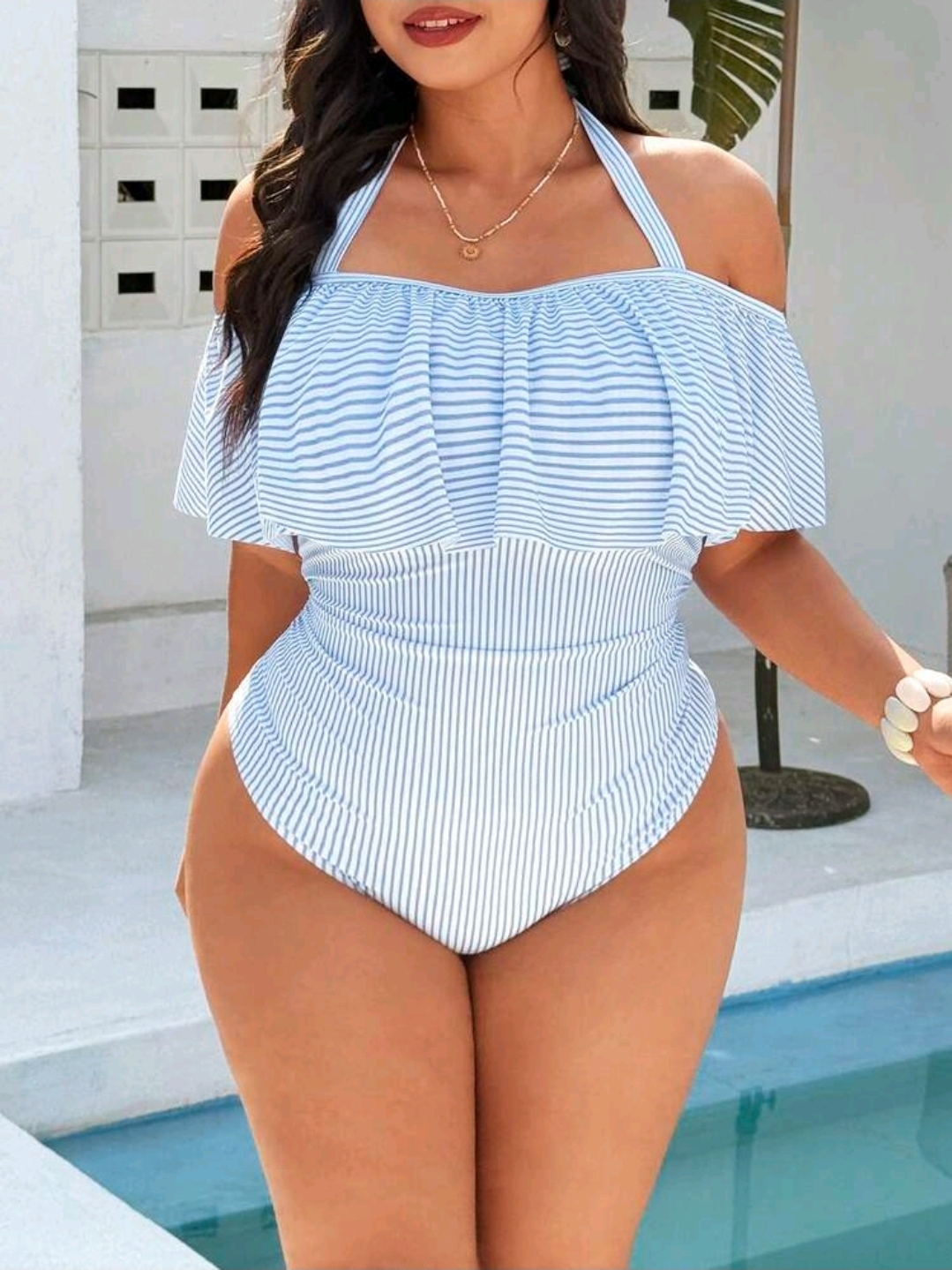 Plus Size Women Swimsuit, Blue & White One-Piece Swimwear WSW-0013