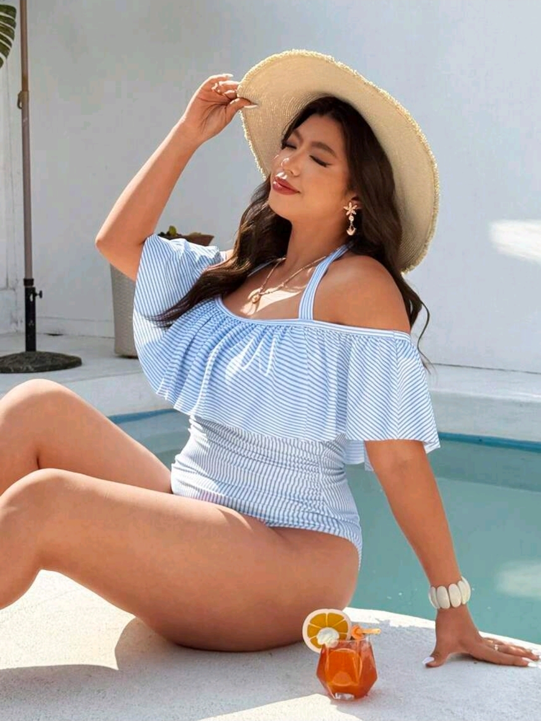 Plus Size Women Swimsuit, Blue & White One-Piece Swimwear WSW-0013