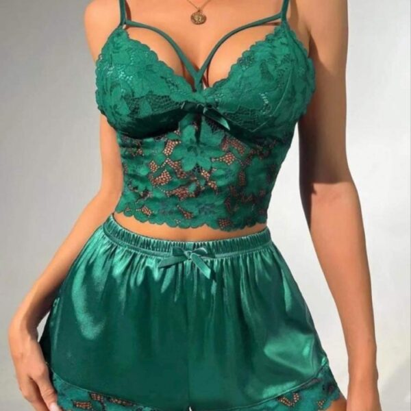 Green Women's Classic Sexy Lace Tank Top + Satin Pants 2 Pieces Set, WLG-004