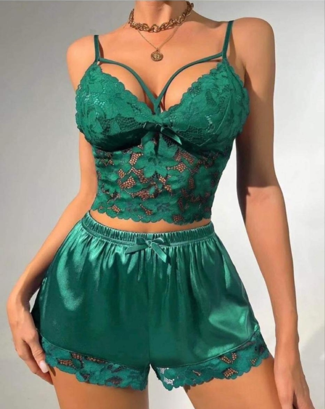 Green Women's Classic Sexy Lace Tank Top + Satin Pants 2 Pieces Set, WLG-004