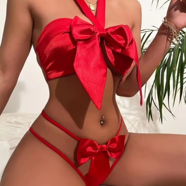 Red Spicy Hot Sexy Bow Front Cut-out Lingerie Set, WLG-006