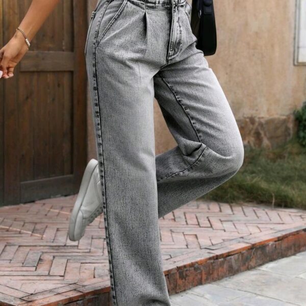 Front Button Pocket Simple Straight Leg Jeans, WJN-002