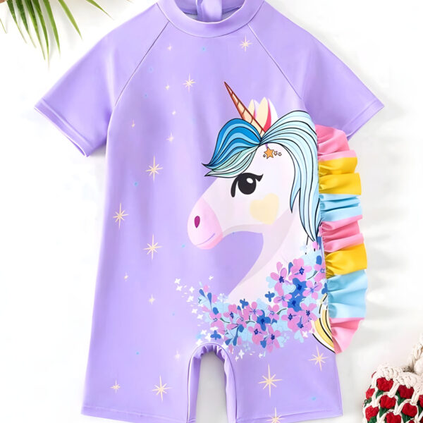 Young Girl Cute Cartoon Unicorn Printed Off-Shoulder Short Sleeve Swimsuit, Kids, KSW-0011