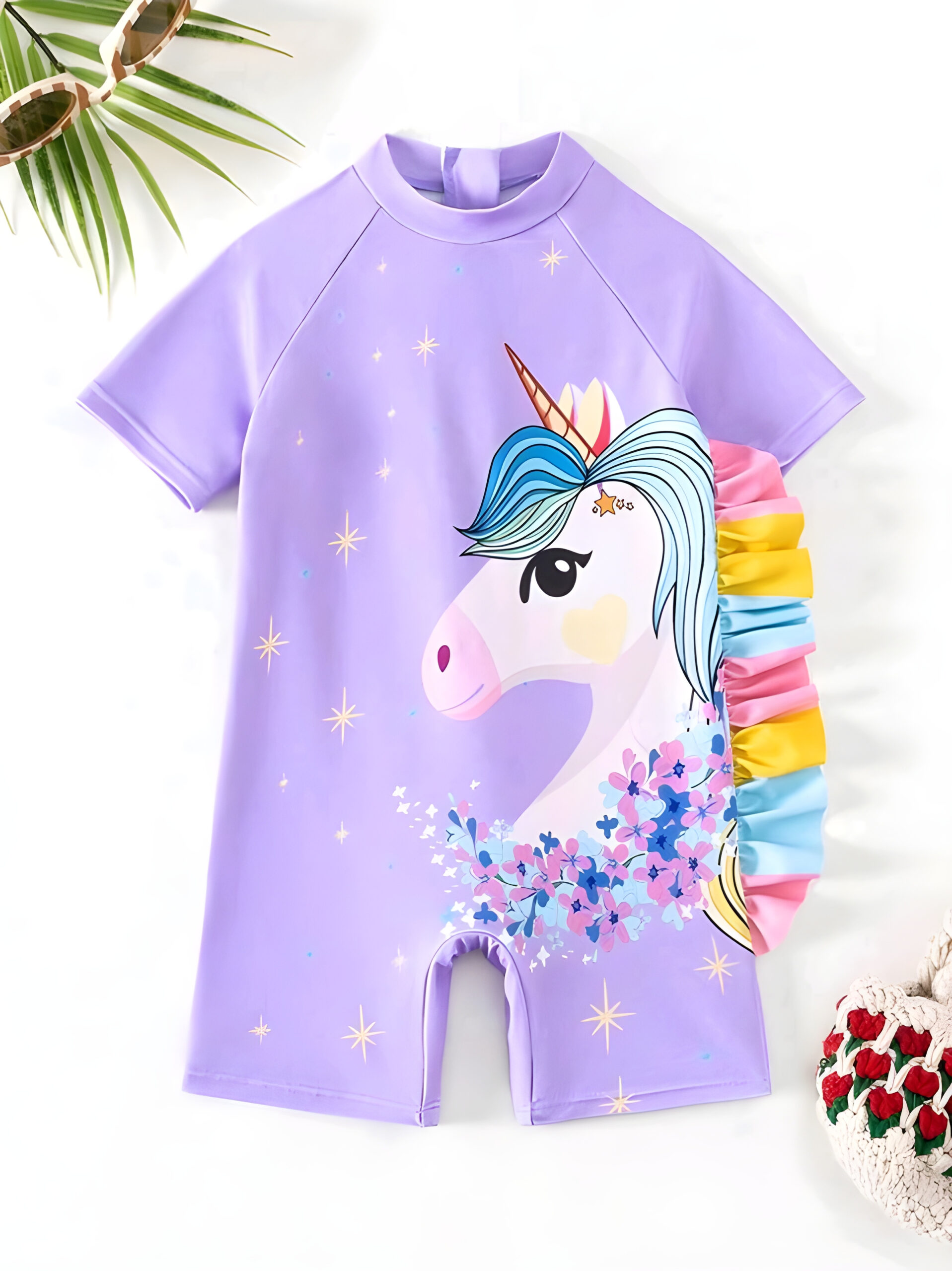 Young Girl Cute Cartoon Unicorn Printed Off-Shoulder Short Sleeve Swimsuit, Kids, KSW-0011