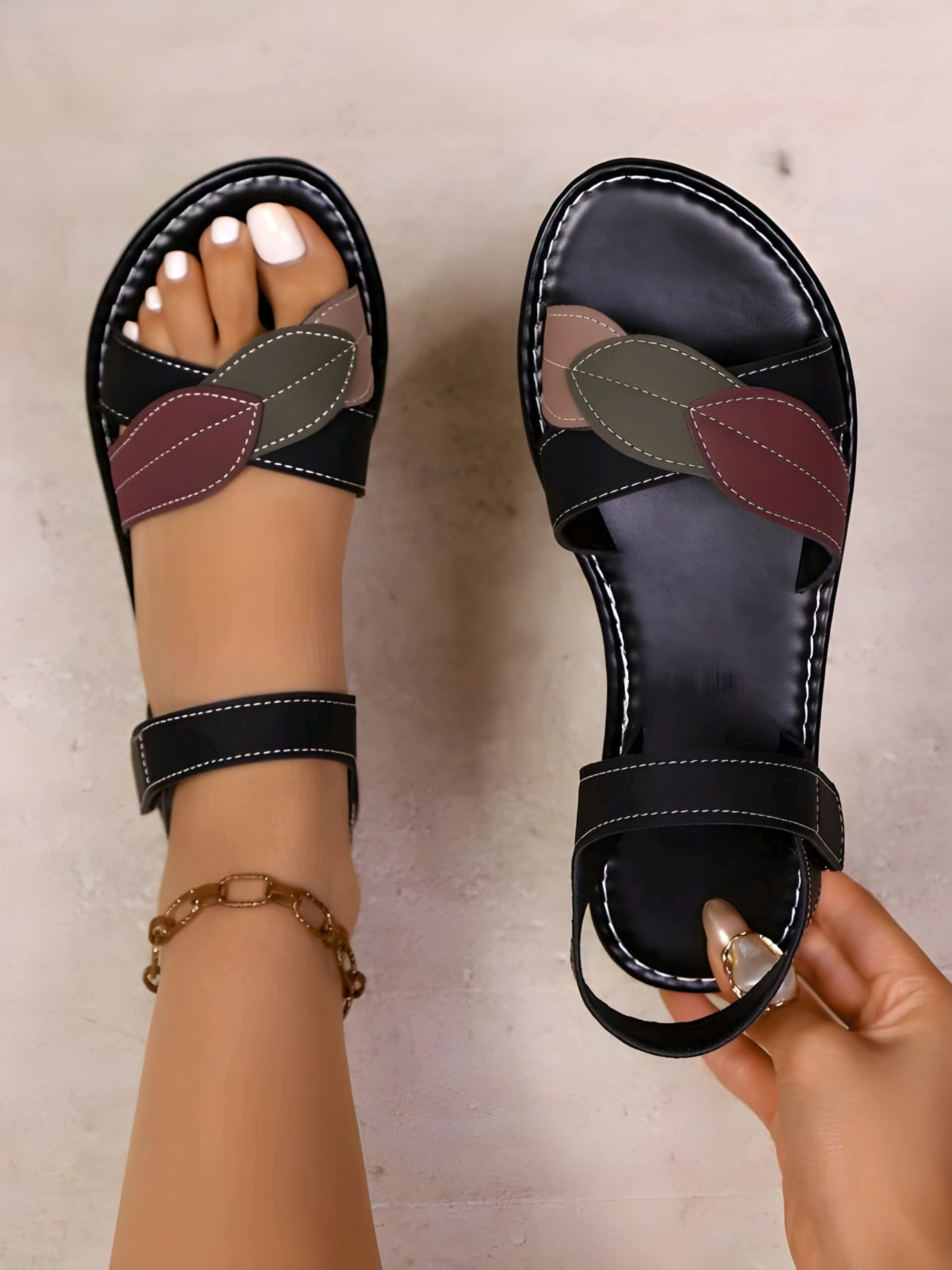 Black Flat Sandals Beige Colorblock Flat Sandals , WSH-002