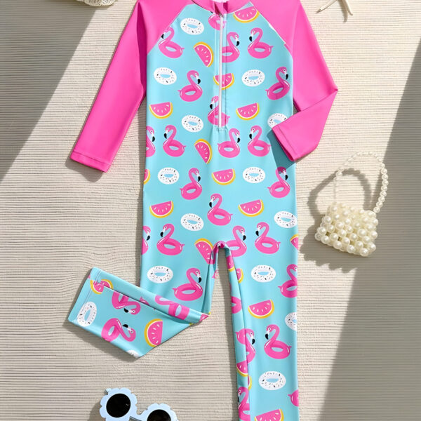 c6f57904-b410-4b79-88ca-cf1a838a4917 1pc Girls' One-Piece Swimsuit,Cute Baby Pink Flamingo & Swim Ring Print Patchwork , Kids, KSW-0016