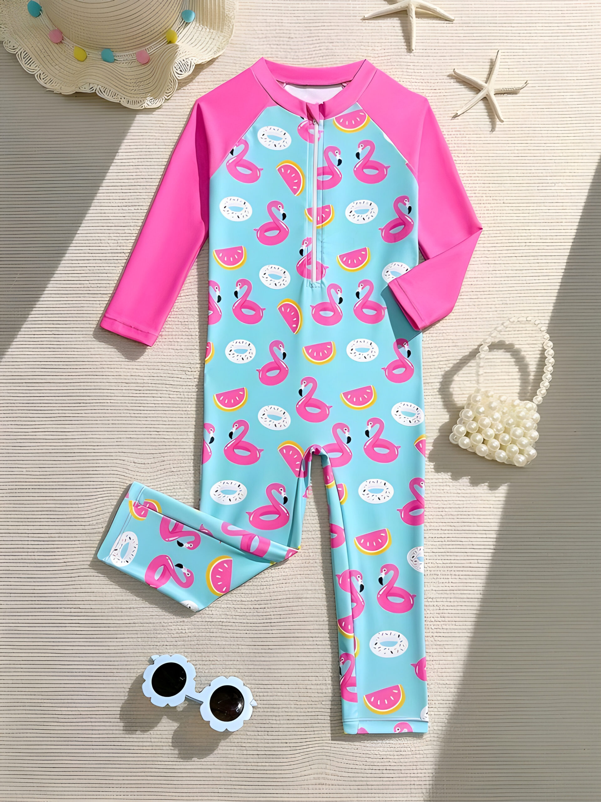 1pc Girls' One-Piece Swimsuit,Cute Baby Pink Flamingo & Swim Ring Print Patchwork , Kids, KSW-0016