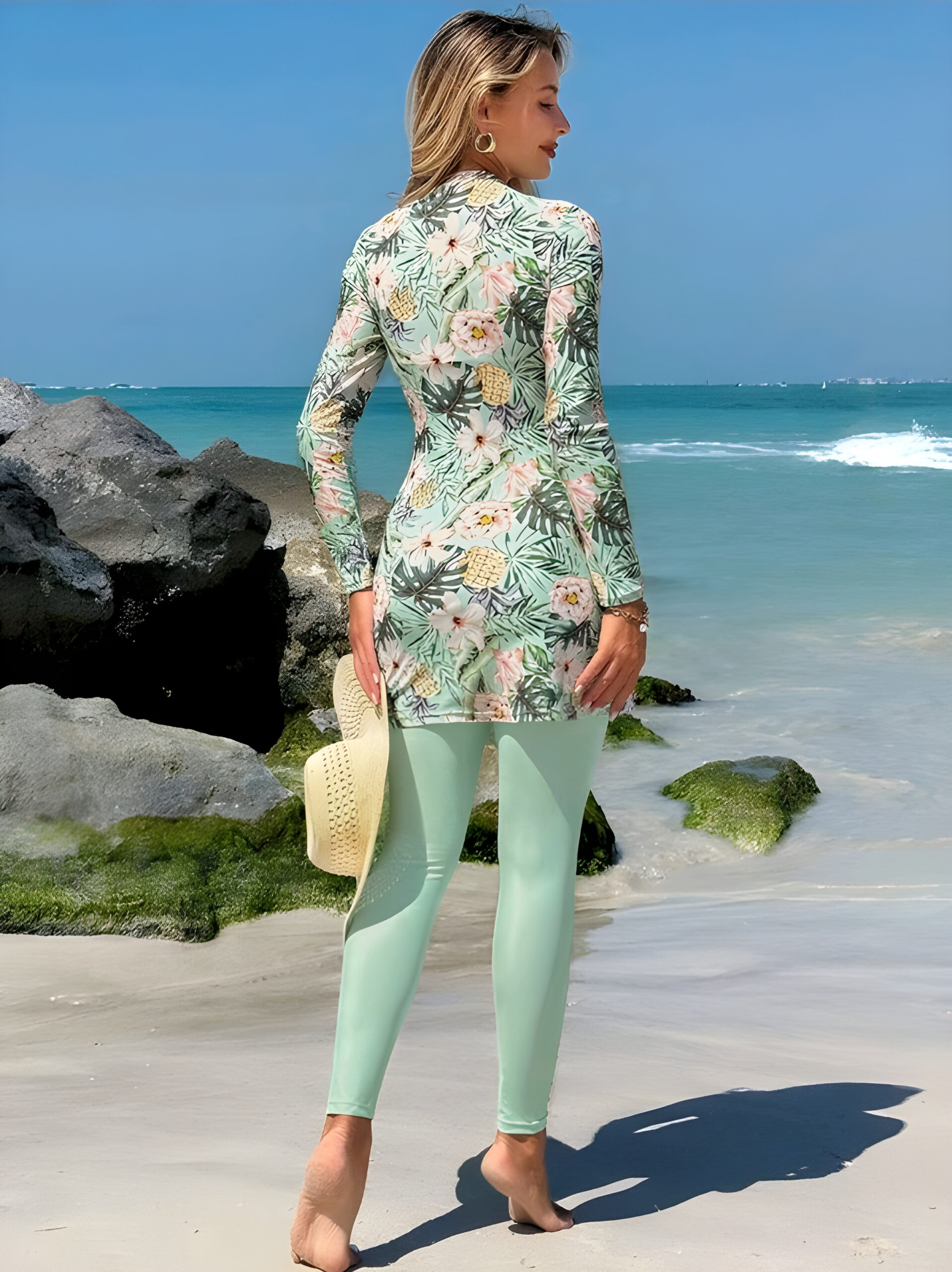 ce8e2eb1-1092-4650-89ed-54ebc1db96ee 2pcs/Set Women Tropical Plant & Flower Pattern Tight Casual Long Sleeve Beach Burkini Set WSW-009