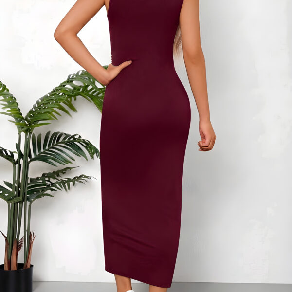 Purgundy Solid Color Ruched Waist Tank Dress, WDR-007