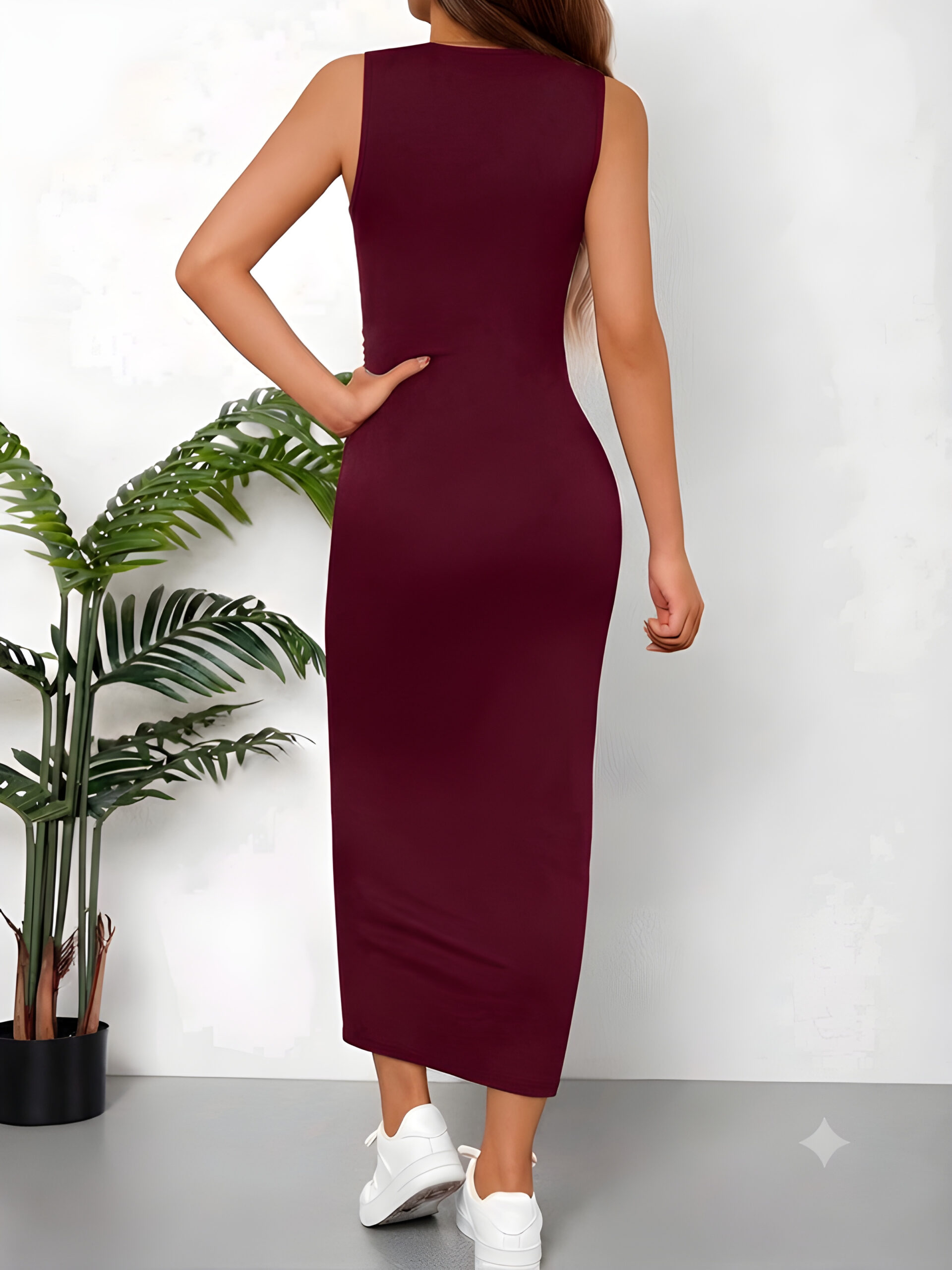 Purgundy Solid Color Ruched Waist Tank Dress, WDR-007