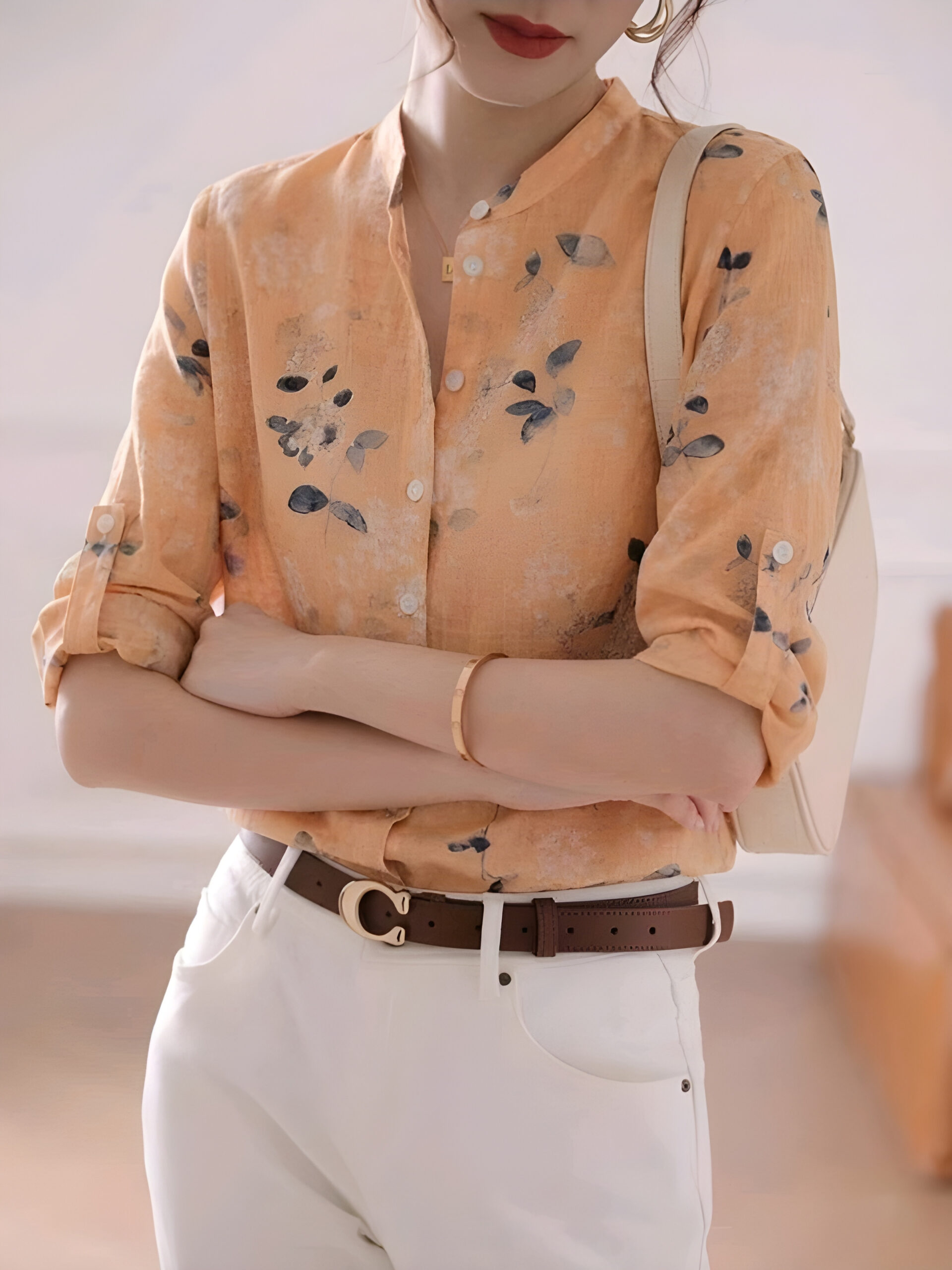 Floral Stand Collar 3/4 Sleeve Blouse, Summer, WTP-003