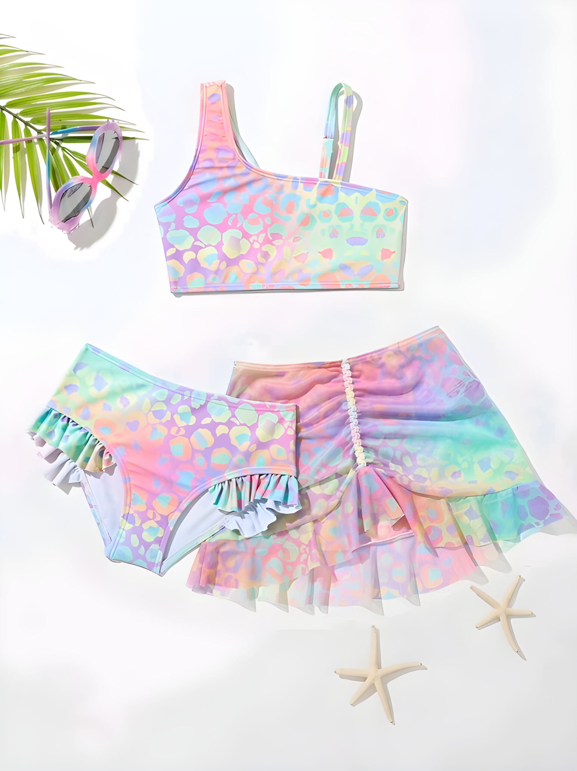 Young Girl 3packs Leopard Print Bikini Set & Beach Skirt Summer Beach  , Kids, KSW-0014