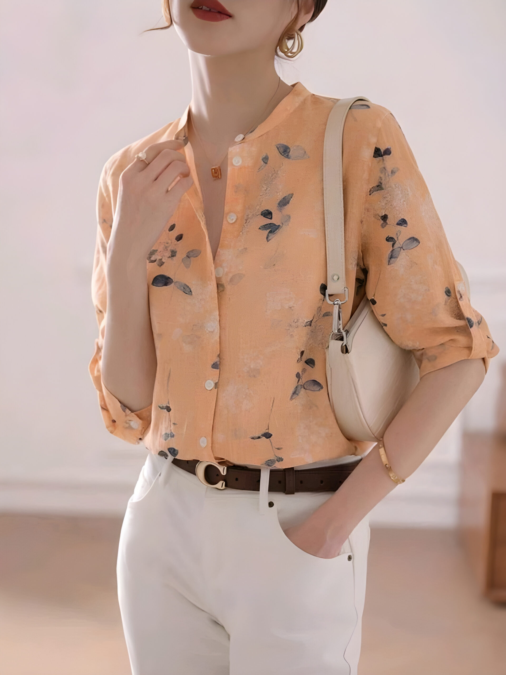 Floral Stand Collar 3/4 Sleeve Blouse, Summer, WTP-003
