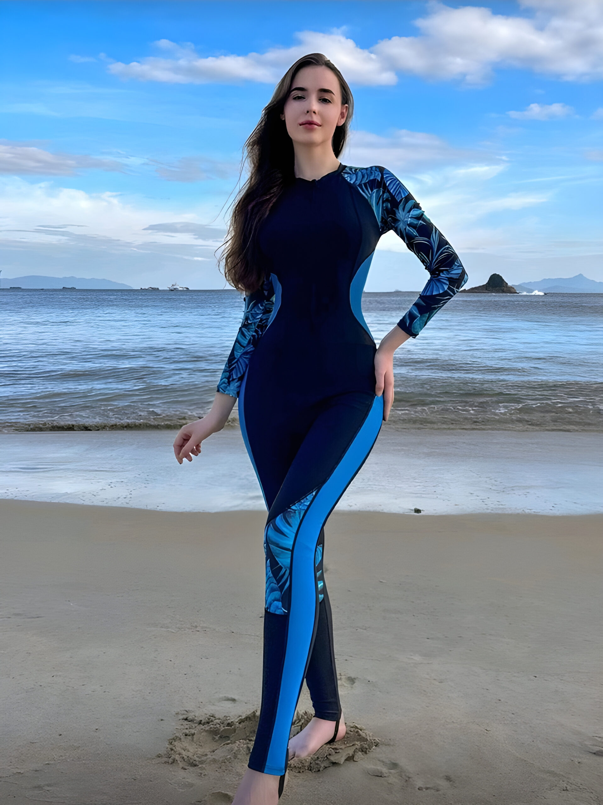 Women's Long Sleeve Zip Jumpsuit Swimsuit, WSW-0016