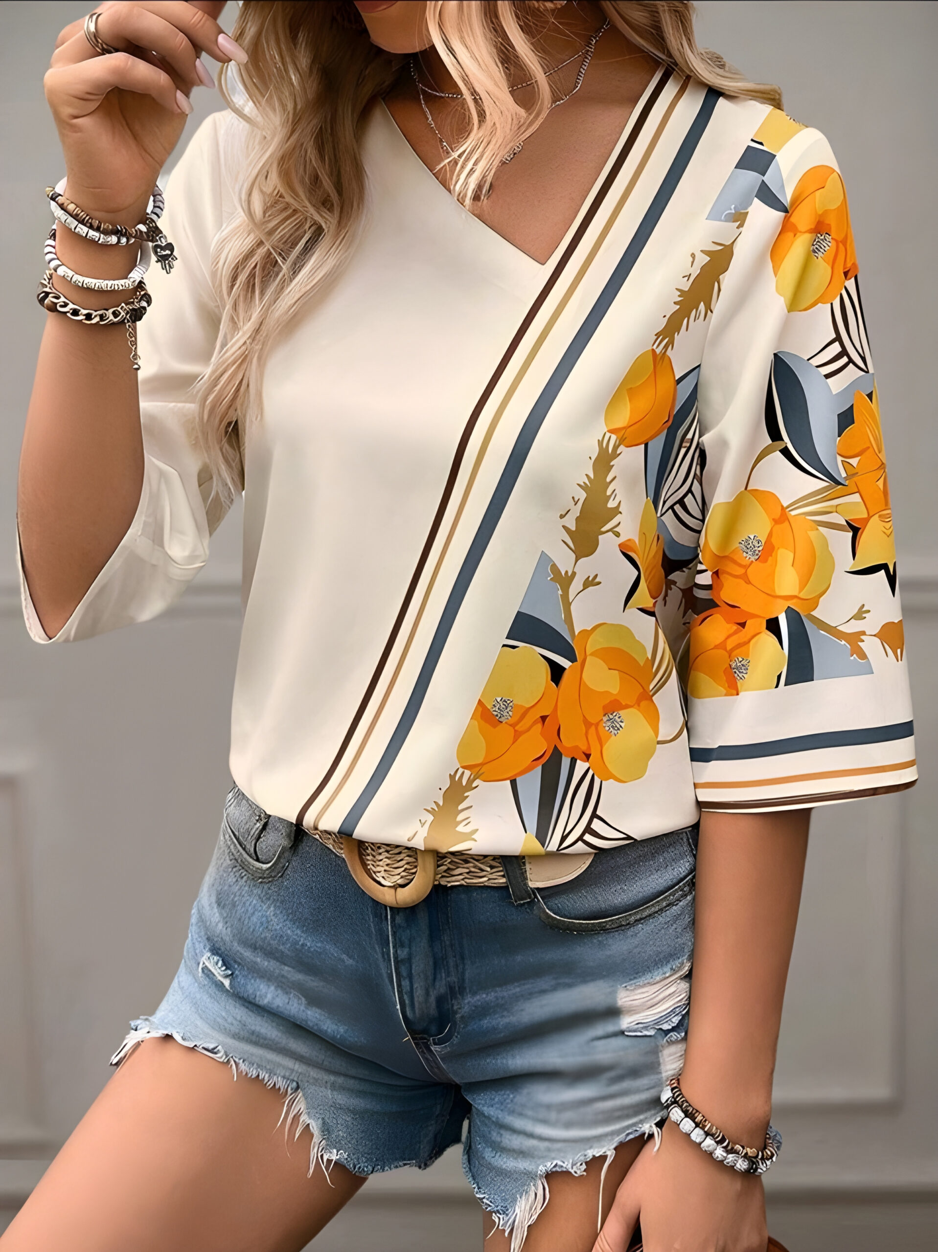 Women's Printed Colorful Shirt, 3/4 Sleeve Tops Blouse, WTP-009