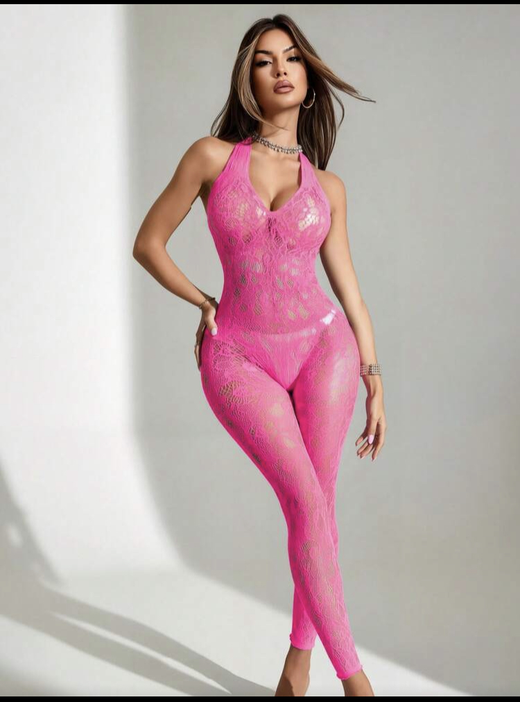 Sexy Hot Pink Women's Fishnet Sheer Jumpsuit Lingerie, WLG-007