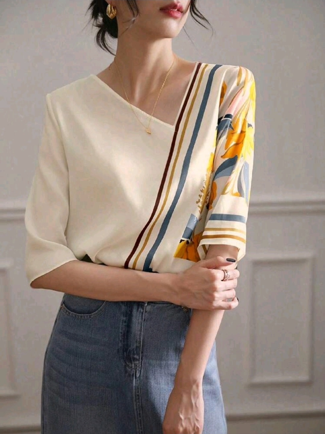Women's Printed Colorful Shirt, 3/4 Sleeve Tops Blouse, WTP-009