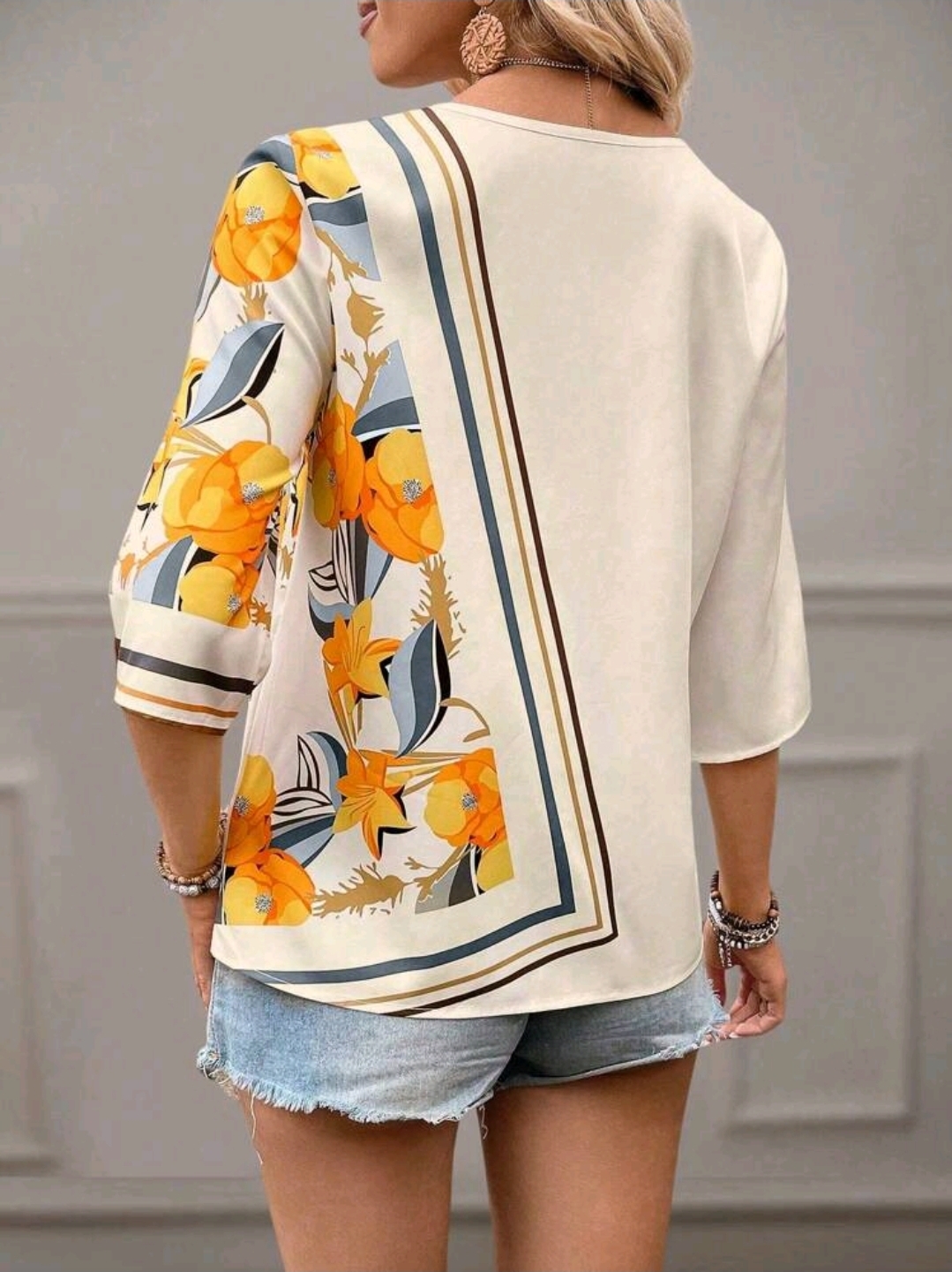 Women's Printed Colorful Shirt, 3/4 Sleeve Tops Blouse, WTP-009