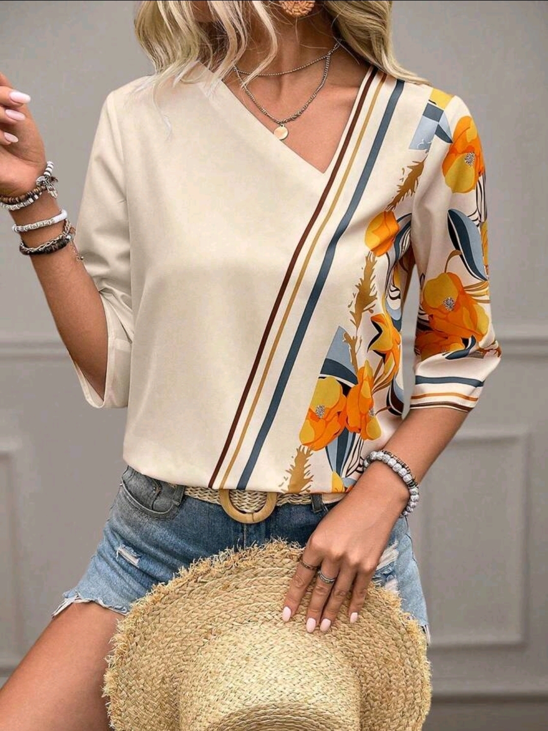 Women's Printed Colorful Shirt, 3/4 Sleeve Tops Blouse, WTP-009