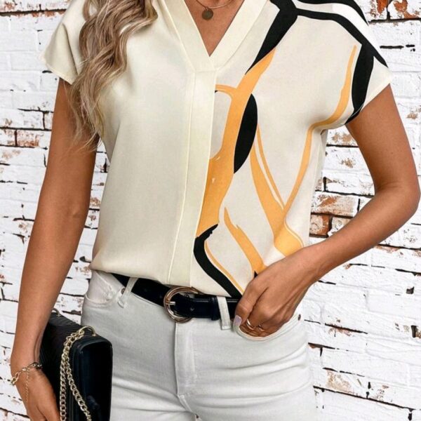 Casual Style Apricot Geometric Print V Neck  Sleeve Blouse, WTP-0010