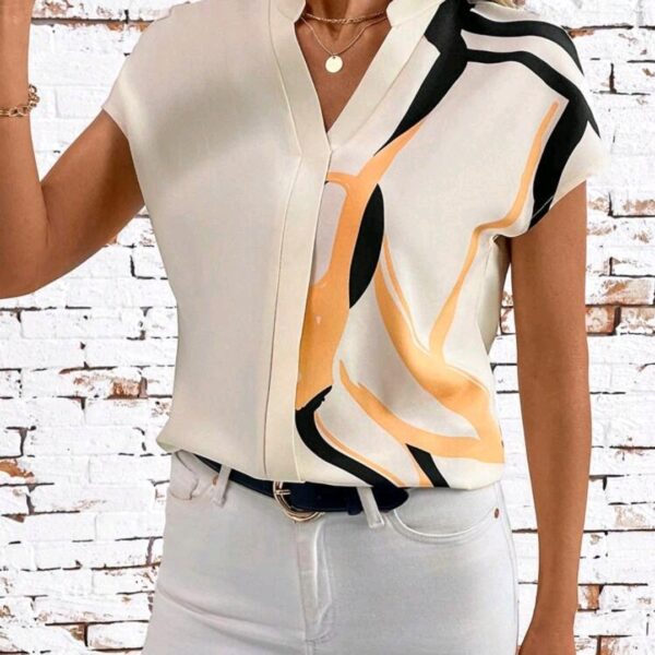 Casual Style Apricot Geometric Print V Neck  Sleeve Blouse, WTP-0010