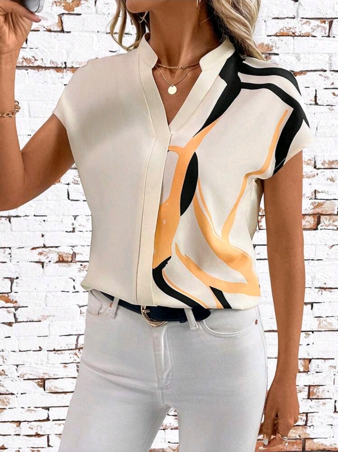 Casual Style Apricot Geometric Print V Neck  Sleeve Blouse, WTP-0010