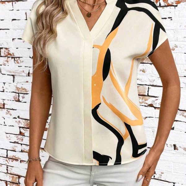 Casual Style Apricot Geometric Print V Neck  Sleeve Blouse, WTP-0010