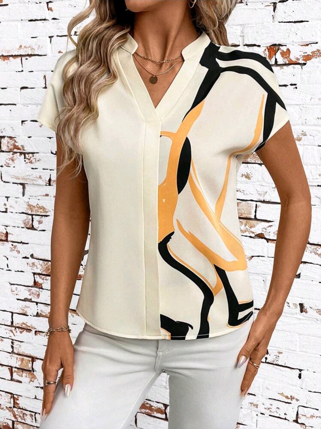 Casual Style Apricot Geometric Print V Neck  Sleeve Blouse, WTP-0010