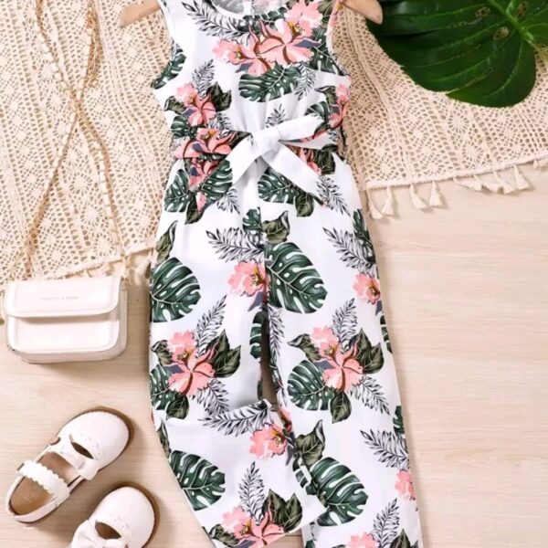 Young Girl Tropical Print Belted Tank Jumpsuit, CHTP-003