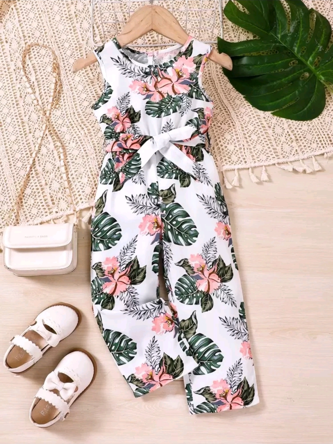 Young Girl Tropical Print Belted Tank Jumpsuit, CHTP-003