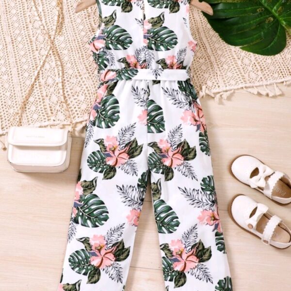 Young Girl Tropical Print Belted Tank Jumpsuit, CHTP-003