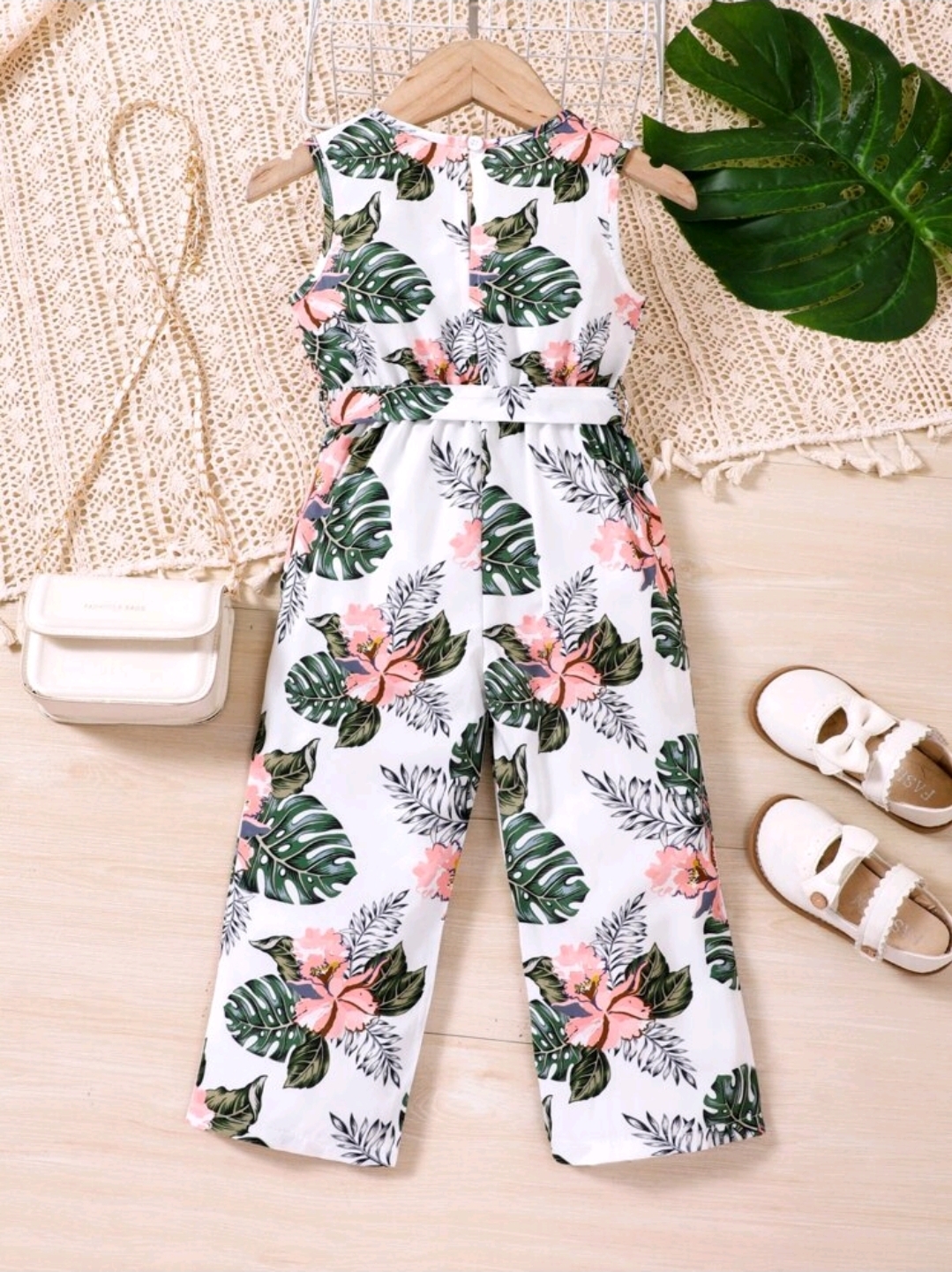 Young Girl Tropical Print Belted Tank Jumpsuit, CHTP-003