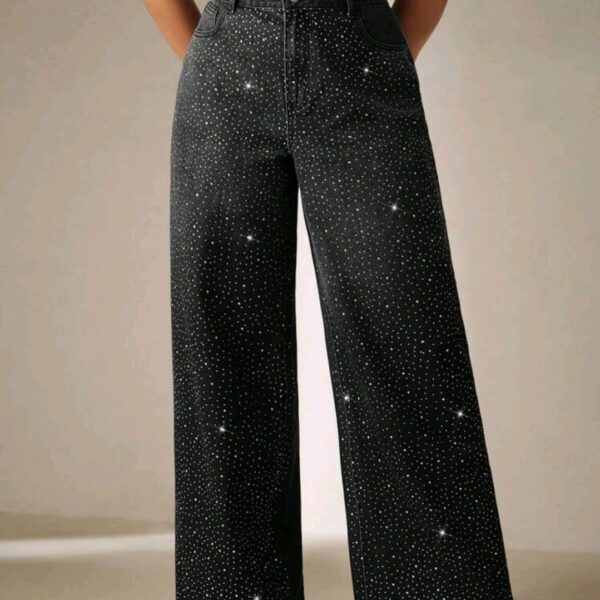 Plus Size Women's Rhinestone Wide Leg Jeans, CHJN-001