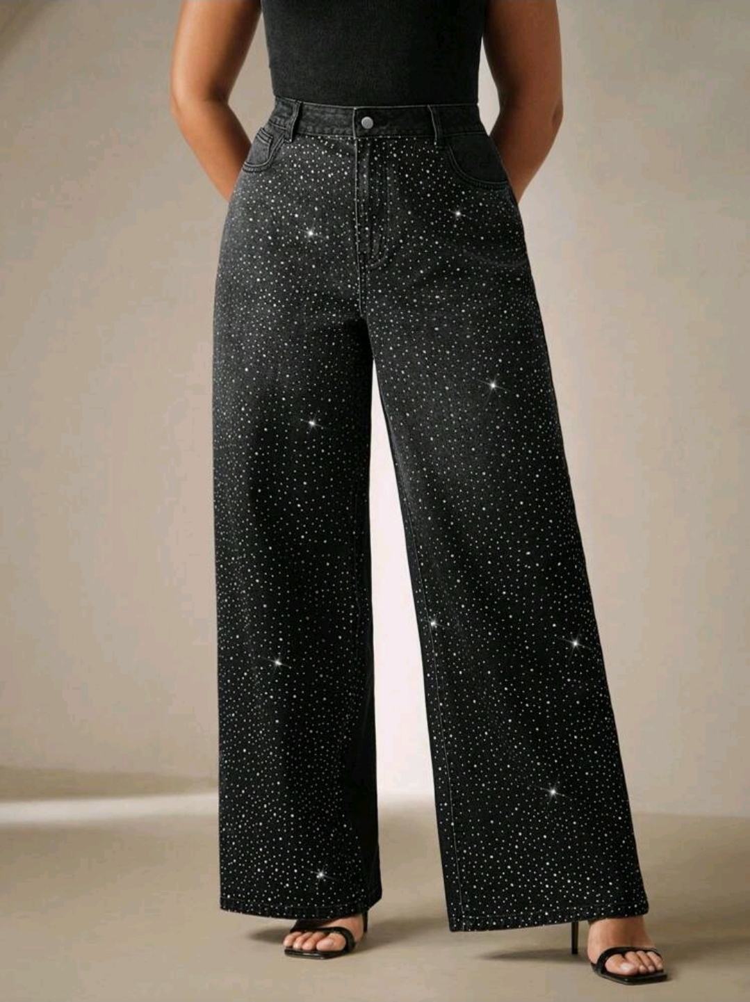 Plus Size Women's Rhinestone Wide Leg Jeans, CHJN-001