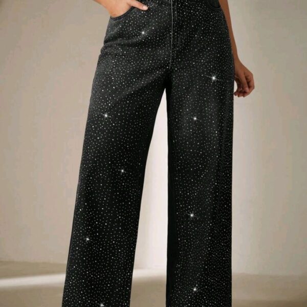 Plus Size Women's Rhinestone Wide Leg Jeans, CHJN-001