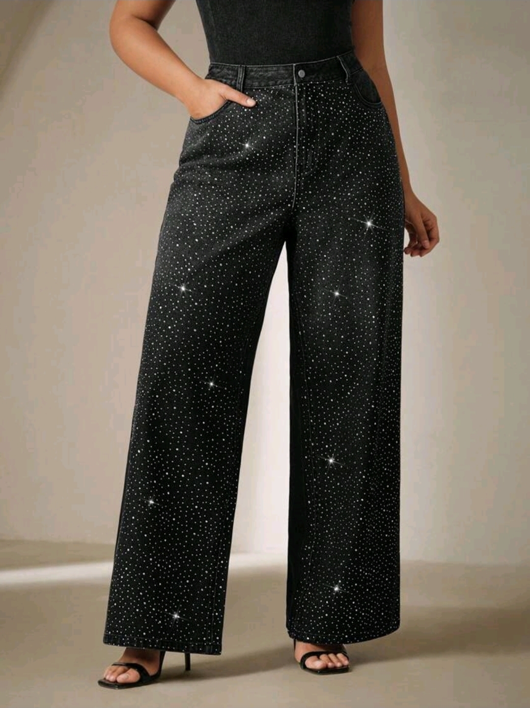 Plus Size Women's Rhinestone Wide Leg Jeans, CHJN-001