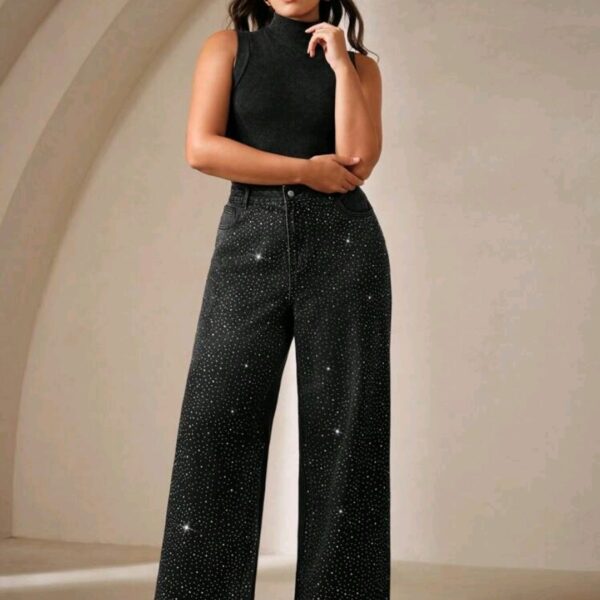 Plus Size Women's Rhinestone Wide Leg Jeans, CHJN-001