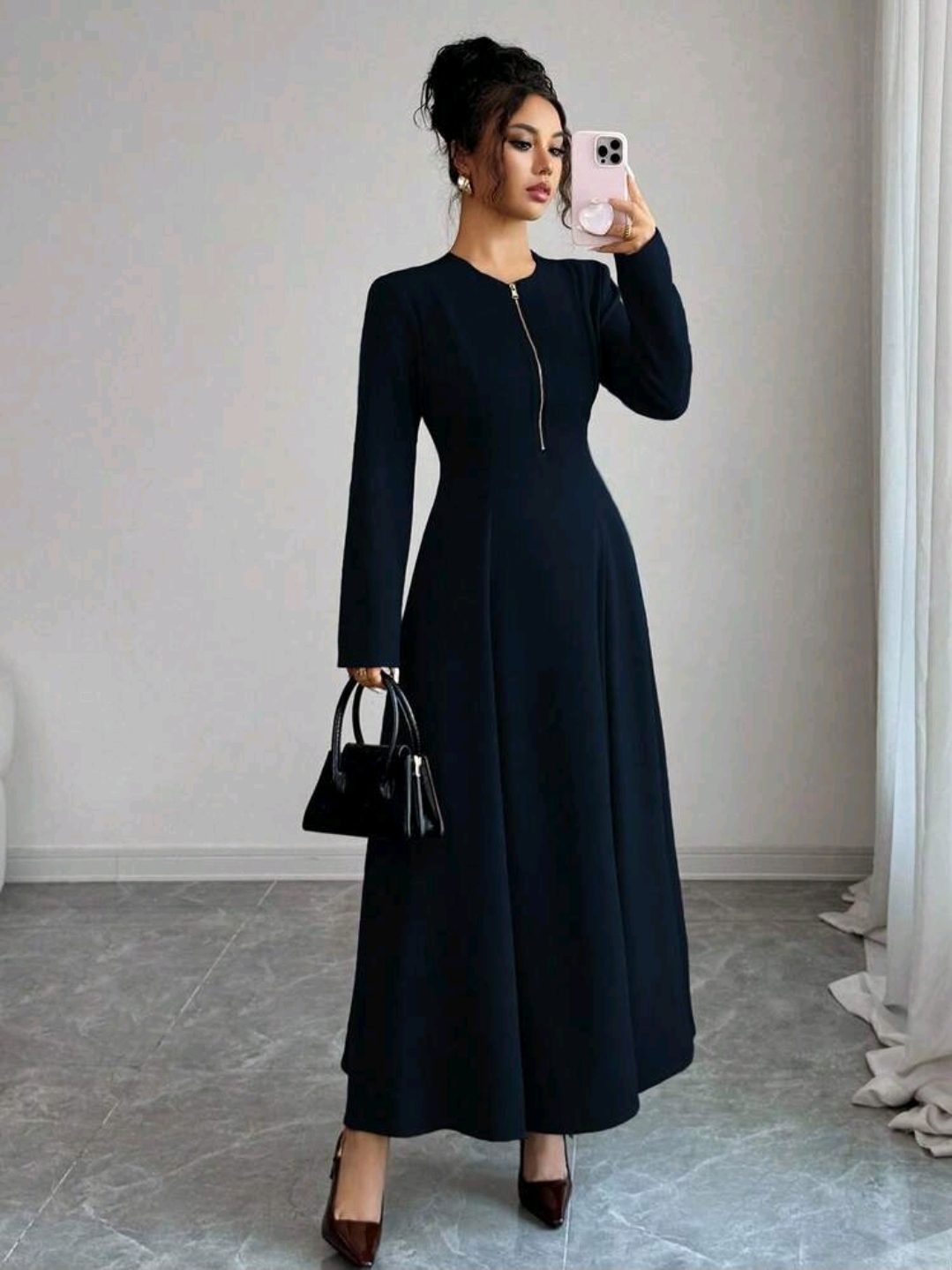 Women Elegant Long Sleeve Midi Dress, CHDR-004