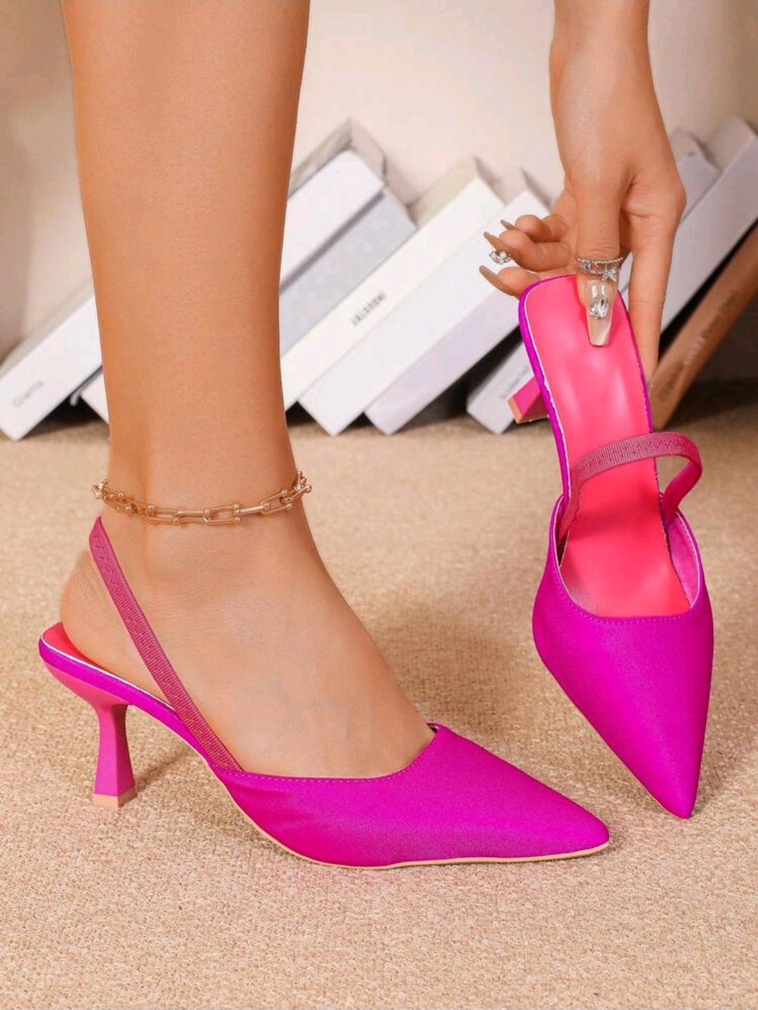 Women's Rose Red 2-Way Wear Closed Toe High Heels 7cm Shoes, CHSH-002