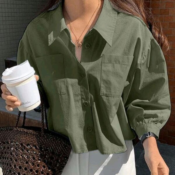 Dark Green Pocket Loose Short Long Sleeve Blouse, WTP-0013