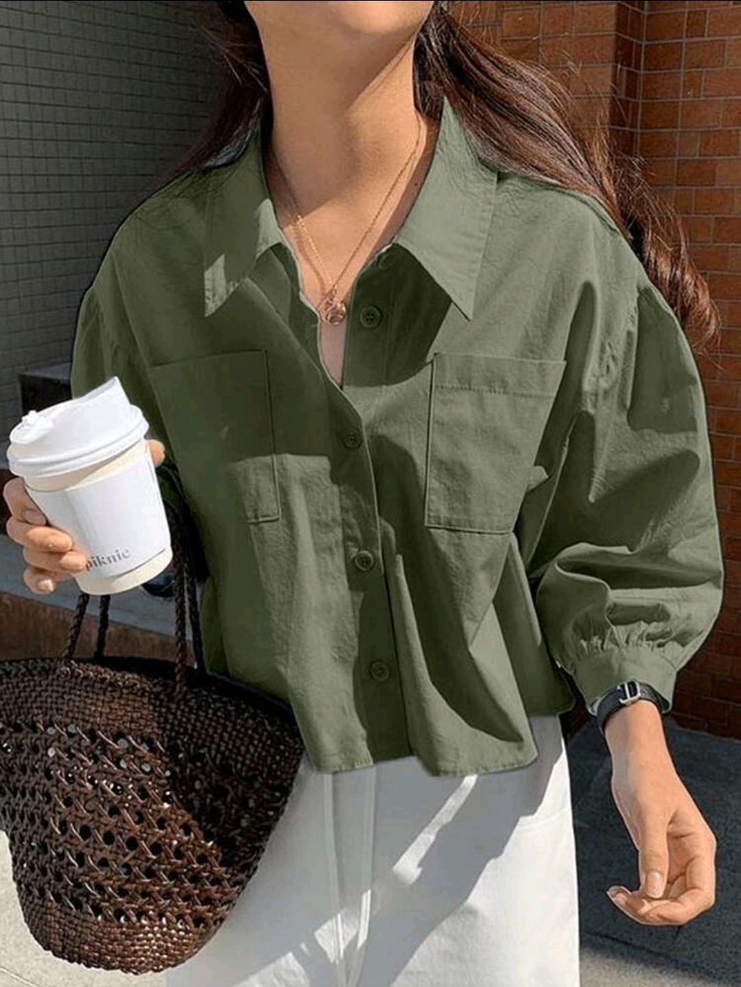 Screenshot_20260830_132436_SHEIN.jpg Dark Green Pocket Loose Short Long Sleeve Blouse, WTP-0013