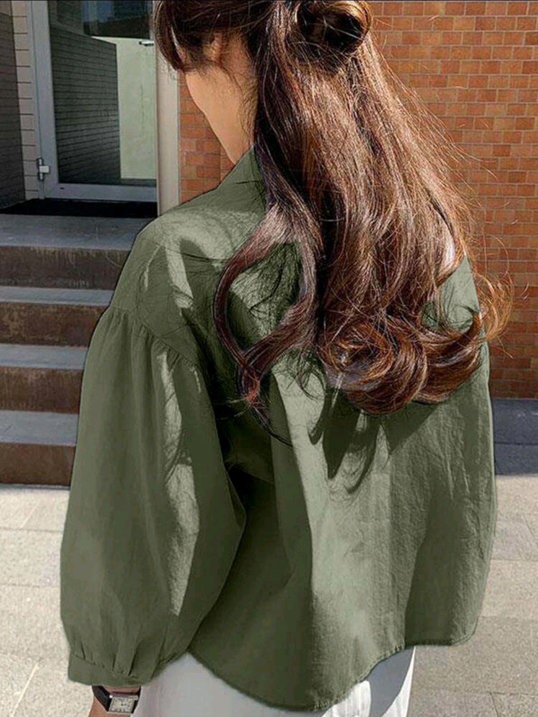 Dark Green Pocket Loose Short Long Sleeve Blouse, WTP-0013