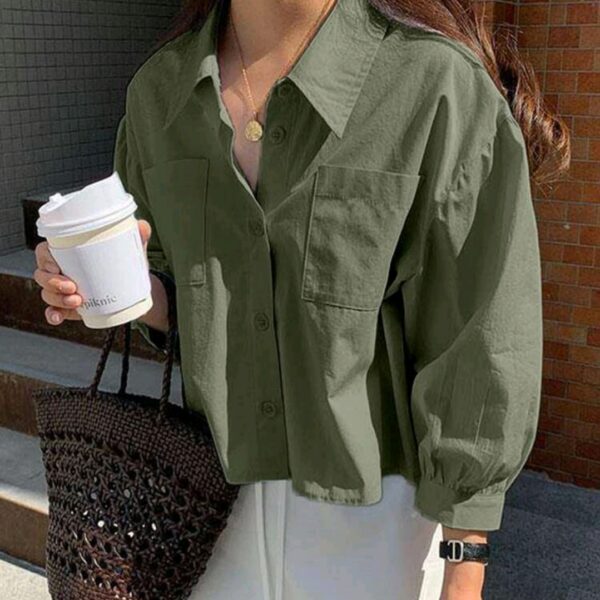 Dark Green Pocket Loose Short Long Sleeve Blouse, WTP-0013