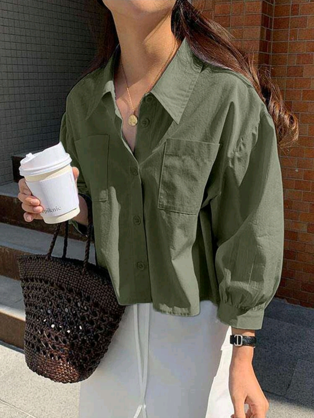 Dark Green Pocket Loose Short Long Sleeve Blouse, WTP-0013