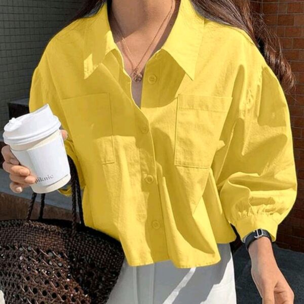 Yellow Pocket Loose Short Long Sleeve Blouse, WTP-0011