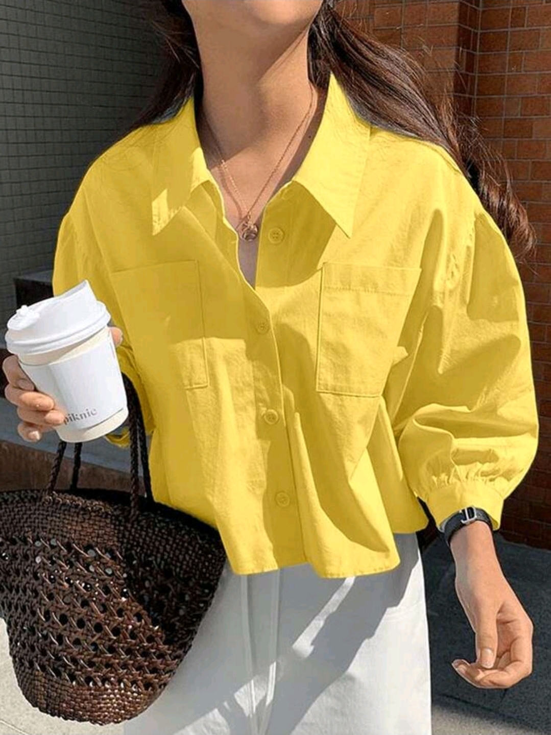 Yellow Pocket Loose Short Long Sleeve Blouse, WTP-0011