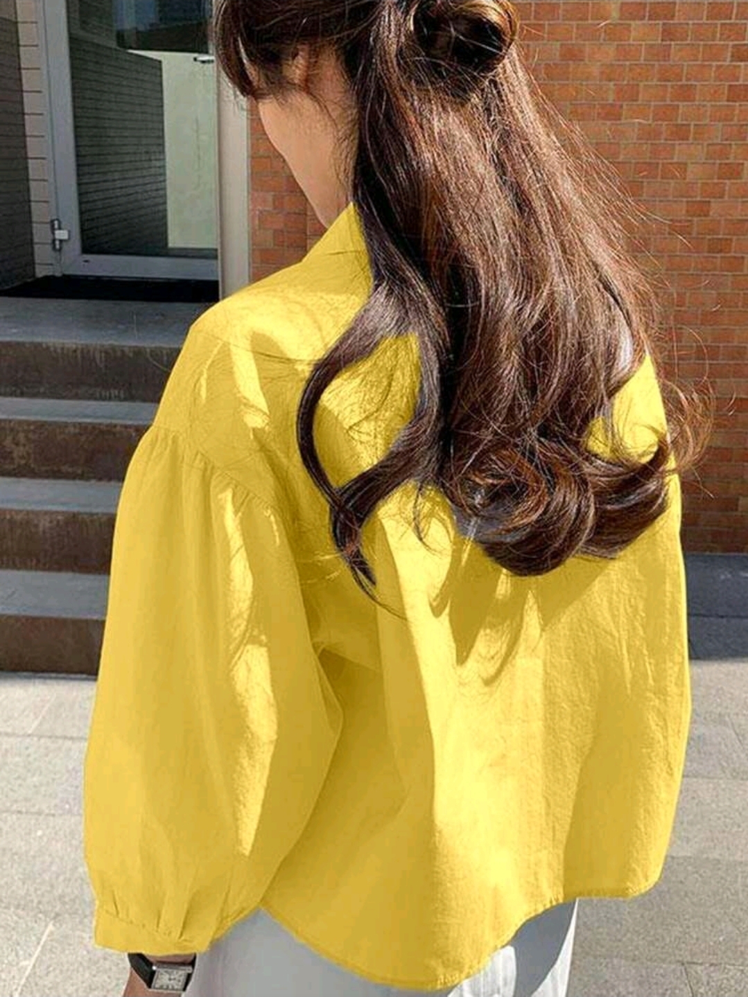 Yellow Pocket Loose Short Long Sleeve Blouse, WTP-0011