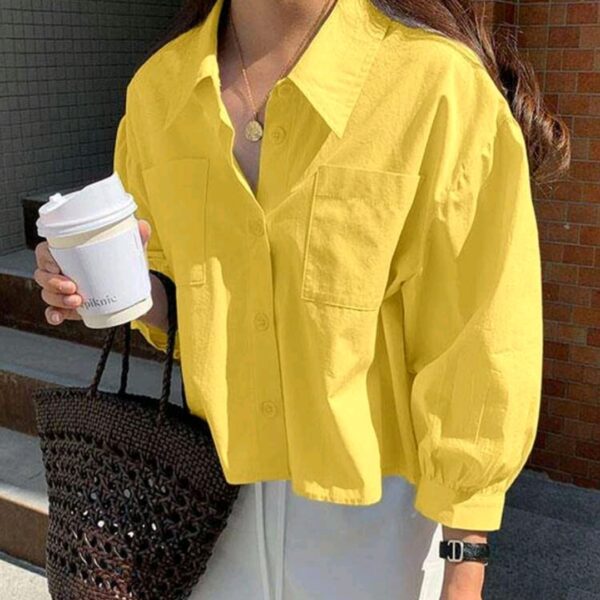 Yellow Pocket Loose Short Long Sleeve Blouse, WTP-0011