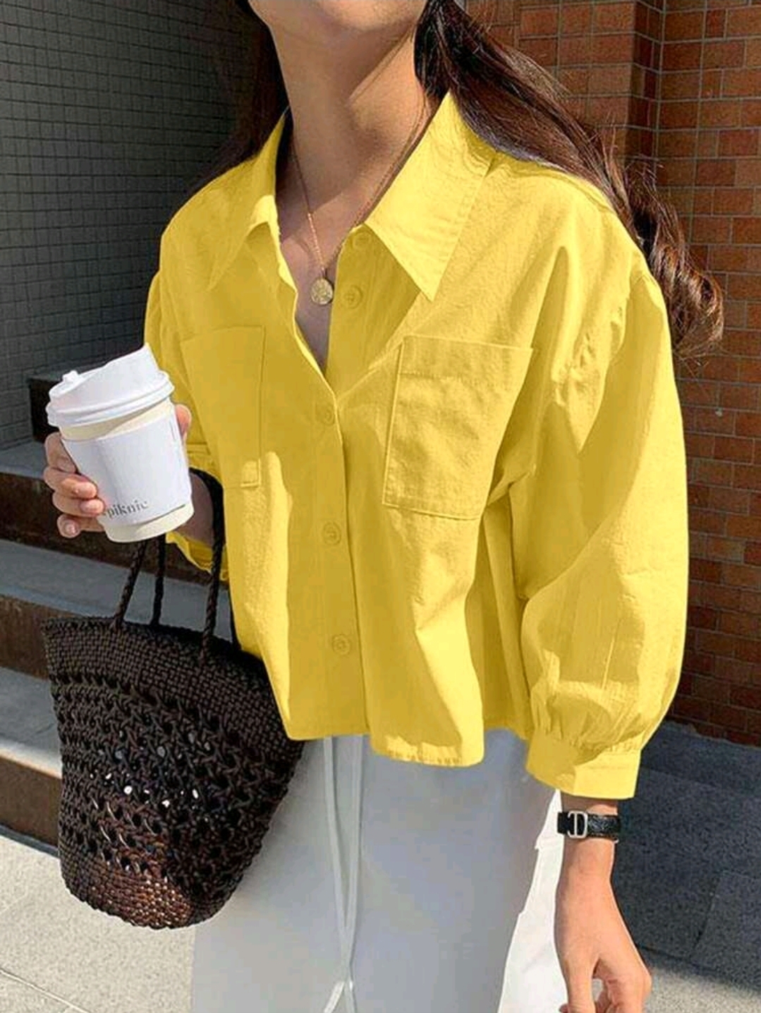 Yellow Pocket Loose Short Long Sleeve Blouse, WTP-0011