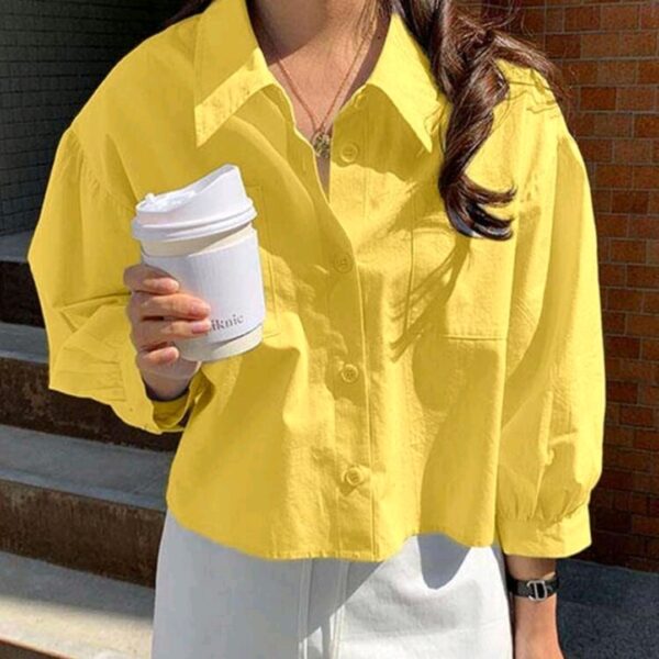 Yellow Pocket Loose Short Long Sleeve Blouse, WTP-0011